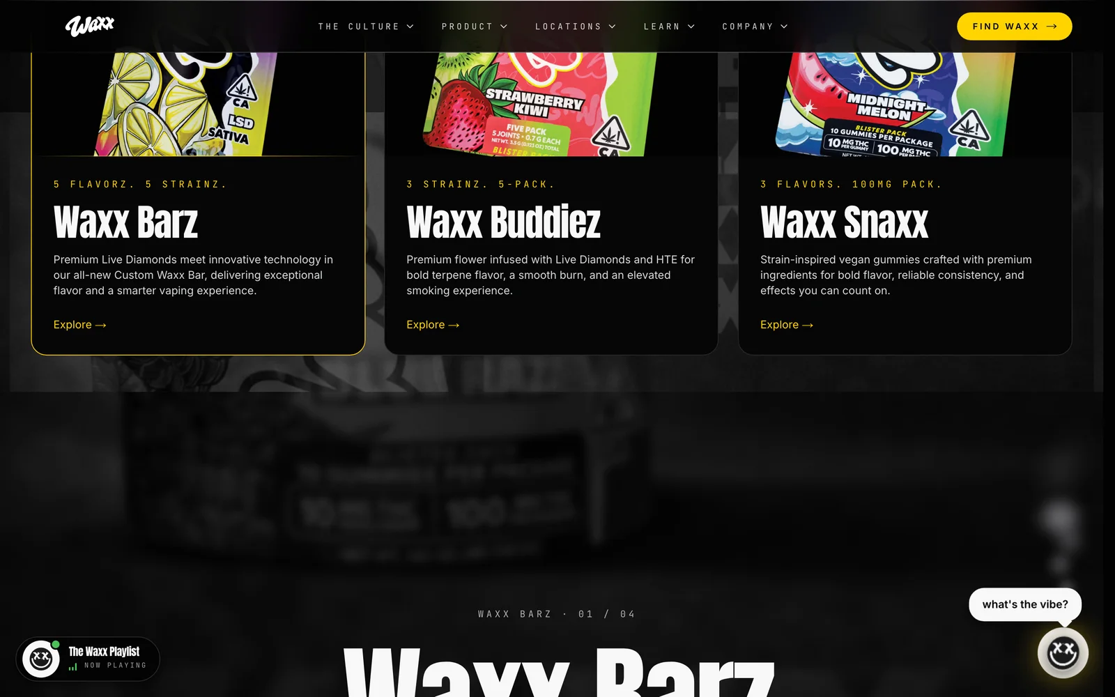 Waxx Brandz website — The lineup — Barz, Buddiez, Snaxx, presented as a system
