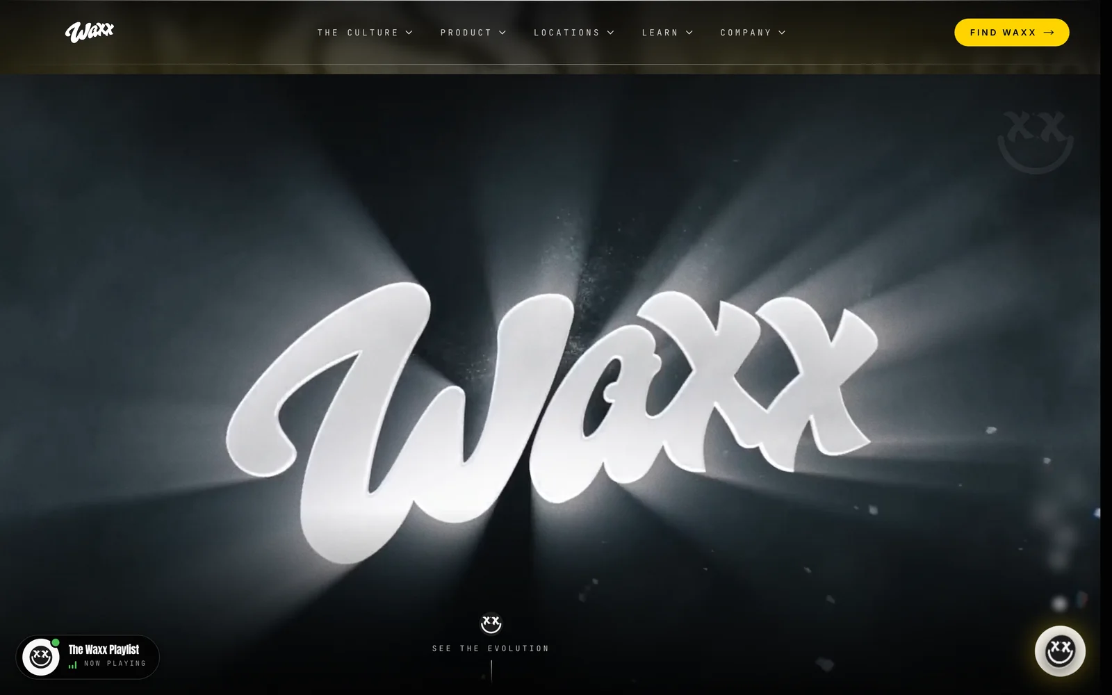 Waxx Brandz website — The entrance — the Waxx wordmark forged in stage light