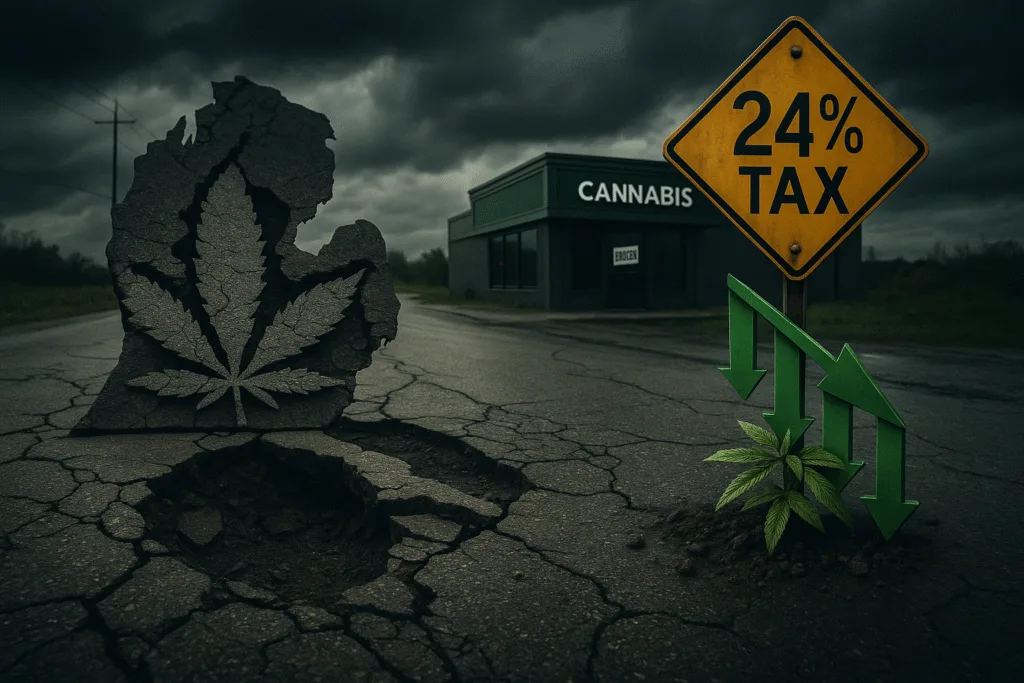 A cracked Michigan road with a pothole shaped like a cannabis leaf, a yellow “24% Tax” sign, and a struggling cannabis plant under stormy skies — symbolizing the collapse of Michigan’s cannabis industry under heavy taxation.