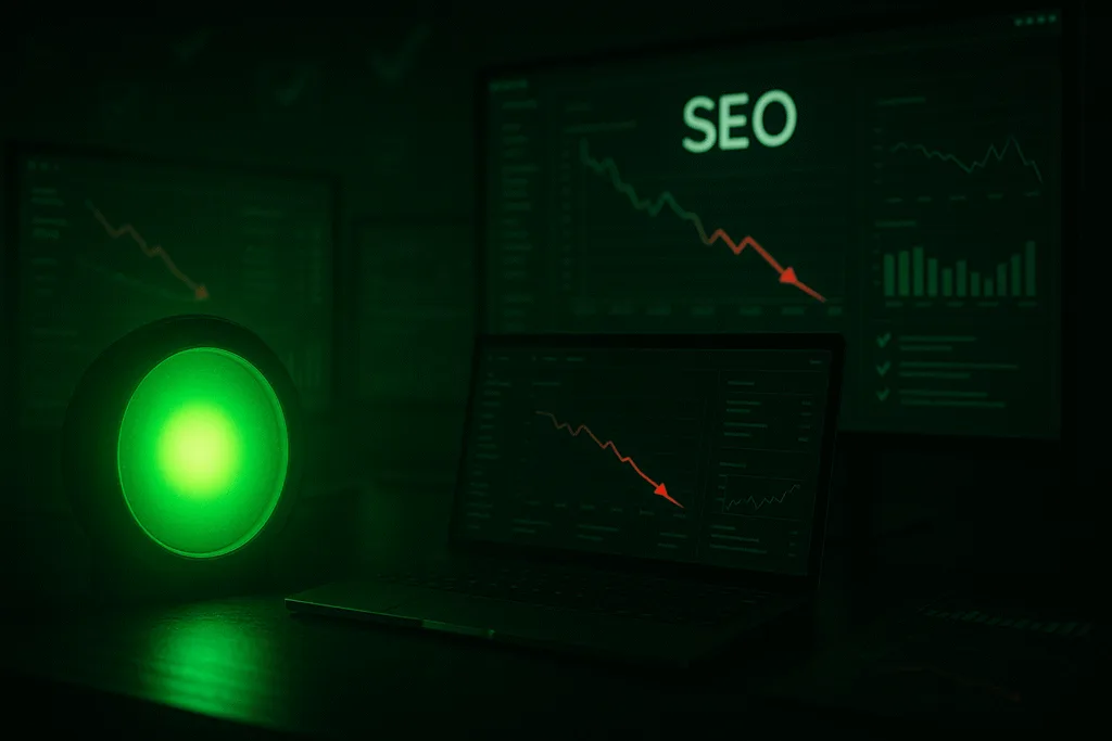 Green light glowing over digital SEO dashboard representing false SEO success illusion
